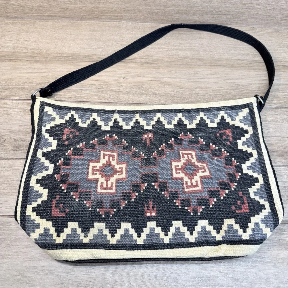 BOHO Made in INDIA Large Beige and Black Tapestry Yarn Woven Bag Purse Hippie